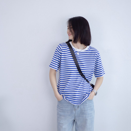 短袖正肩条纹简约纯棉百搭减龄女