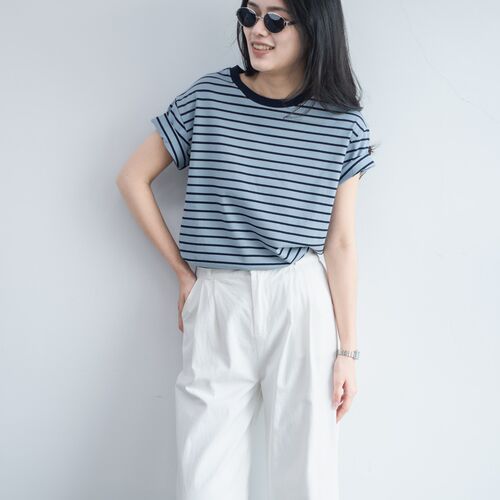 雾霾蓝简约条纹短袖T恤女OL减龄