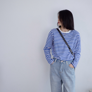 T恤 海军蓝白条纹OLTD穿搭长袖 2025春夏新款 减龄纯棉简约宽松经典