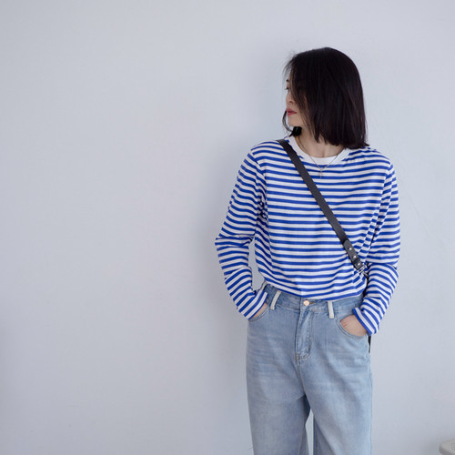 长袖条纹常规简约纯棉女百搭减龄