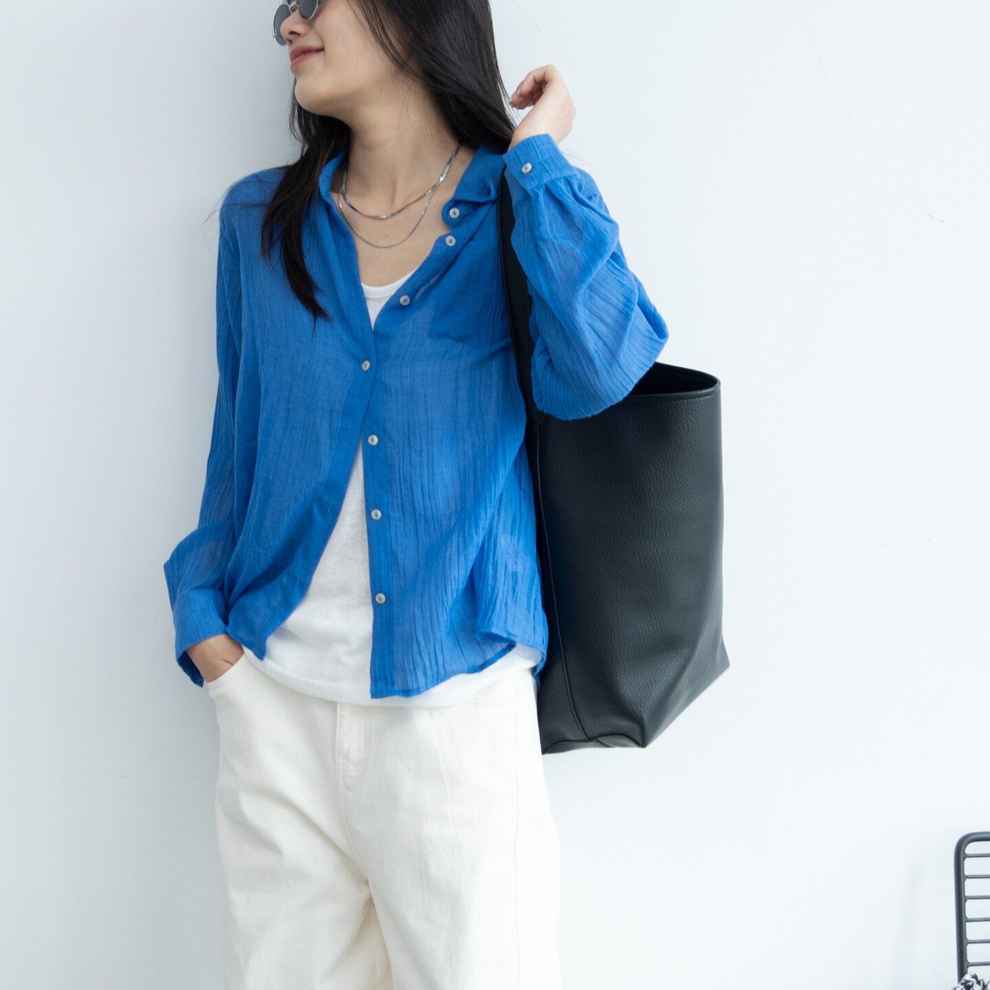 克莱因蓝简约宽松亚麻防晒t恤女