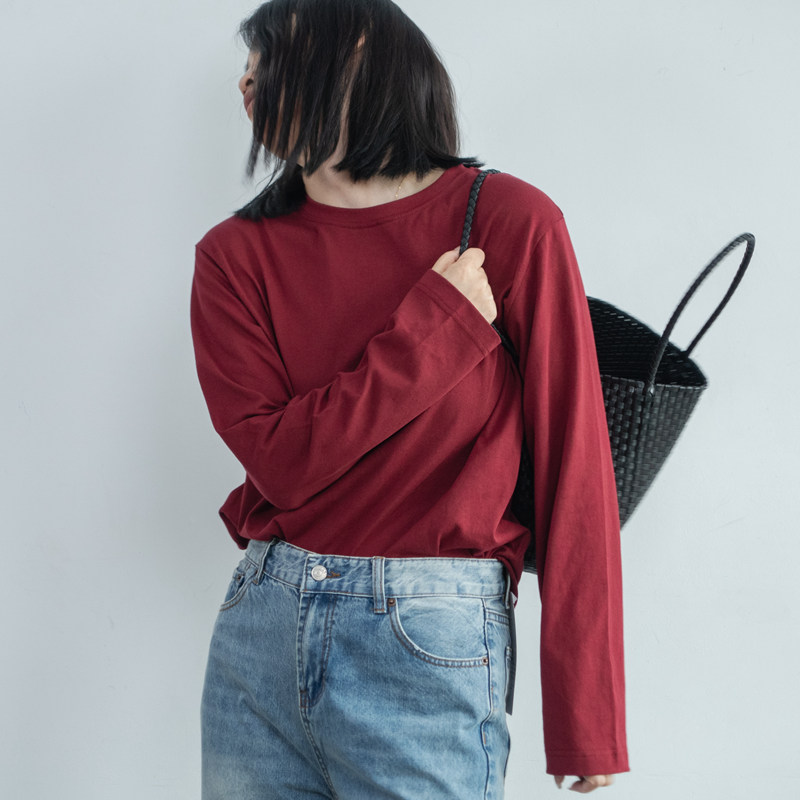 宽松薄纯棉红色女简约长袖纯色