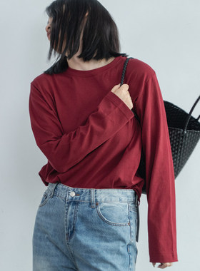 2025春秋新款简约短款显白纯红色正肩宽松百搭显瘦INS风长袖t恤女