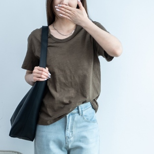 上衣女 2025年夏新款 竹节棉u领锁骨韩版 纯棉简约纯色短袖 t恤显瘦款