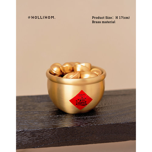 逅里「盆满富贵」黄铜聚宝盆 一桶金小摆件 招财新年装饰高档礼物