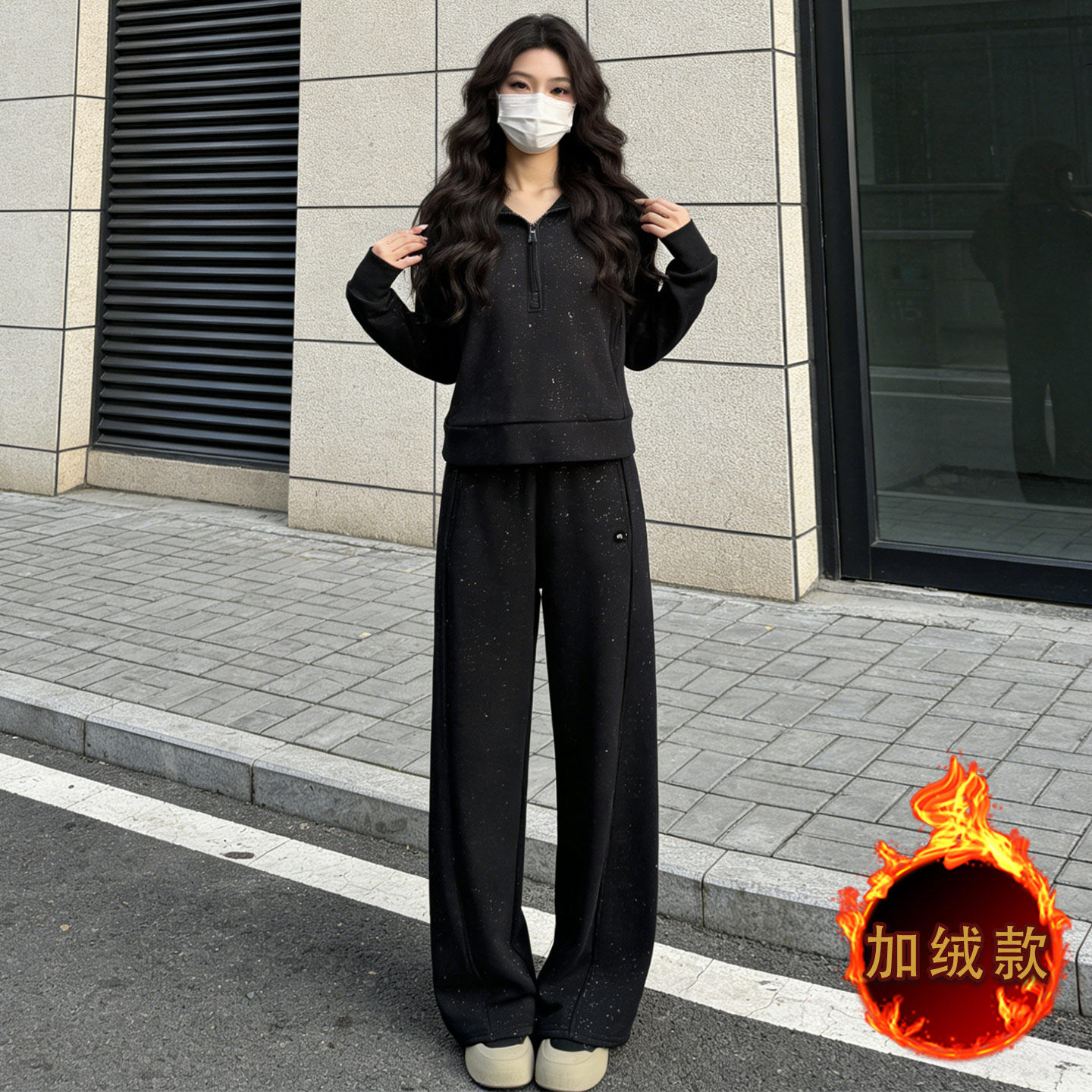 2026新款慵懒风休闲套装女秋冬双口袋拉链开衫连直筒长裤两件套