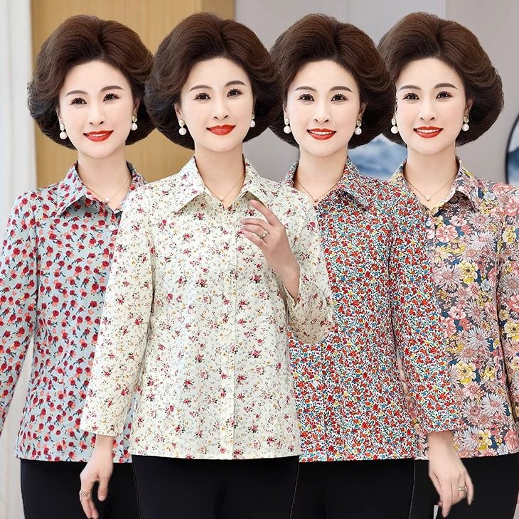 中老年女装春秋全棉碎花衬衫口袋岁妈妈老人衣服纯棉衬衣上衣女
