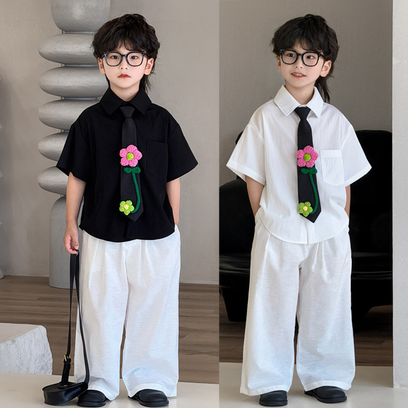 花童男童礼服夏儿童西装短袖白衬衫套装潮酷洋气衬衣宝宝生日衣服
