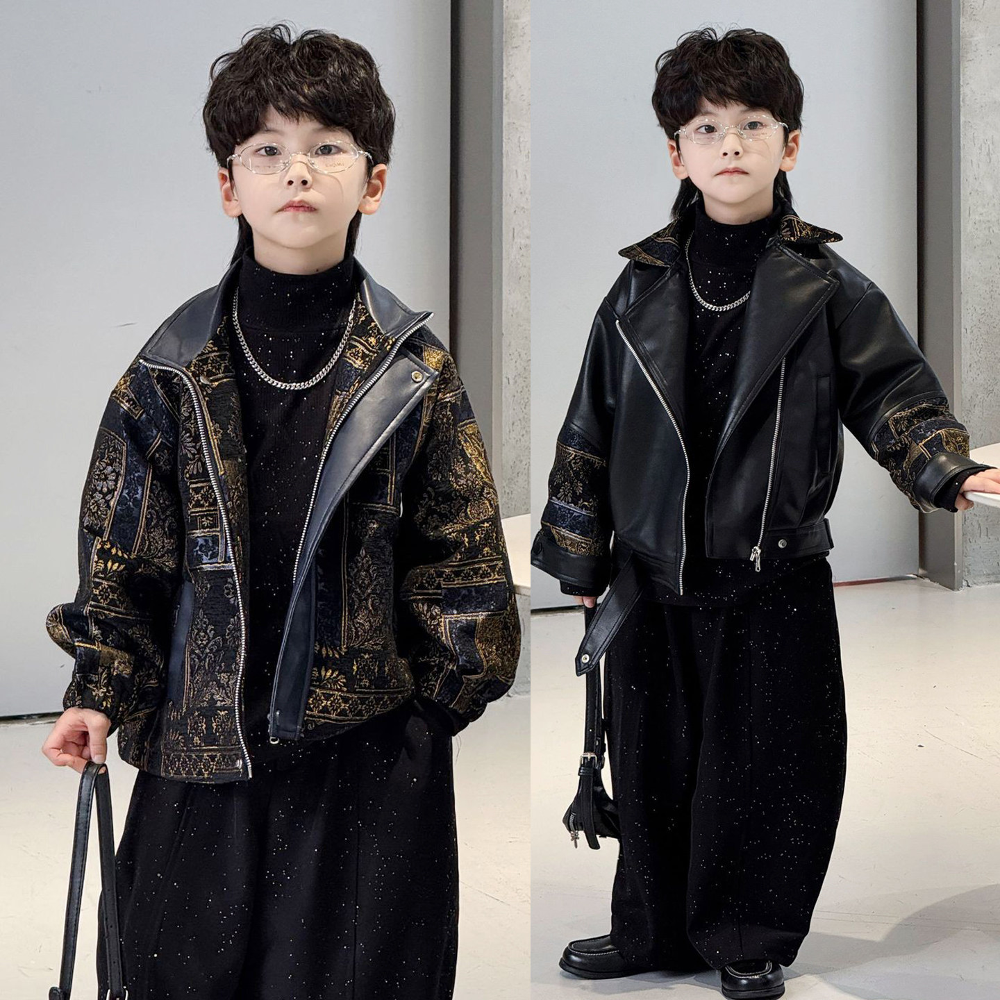 男童皮衣套装秋2026新款时髦痞帅宝宝皮衣外套儿童夹克机车服上衣