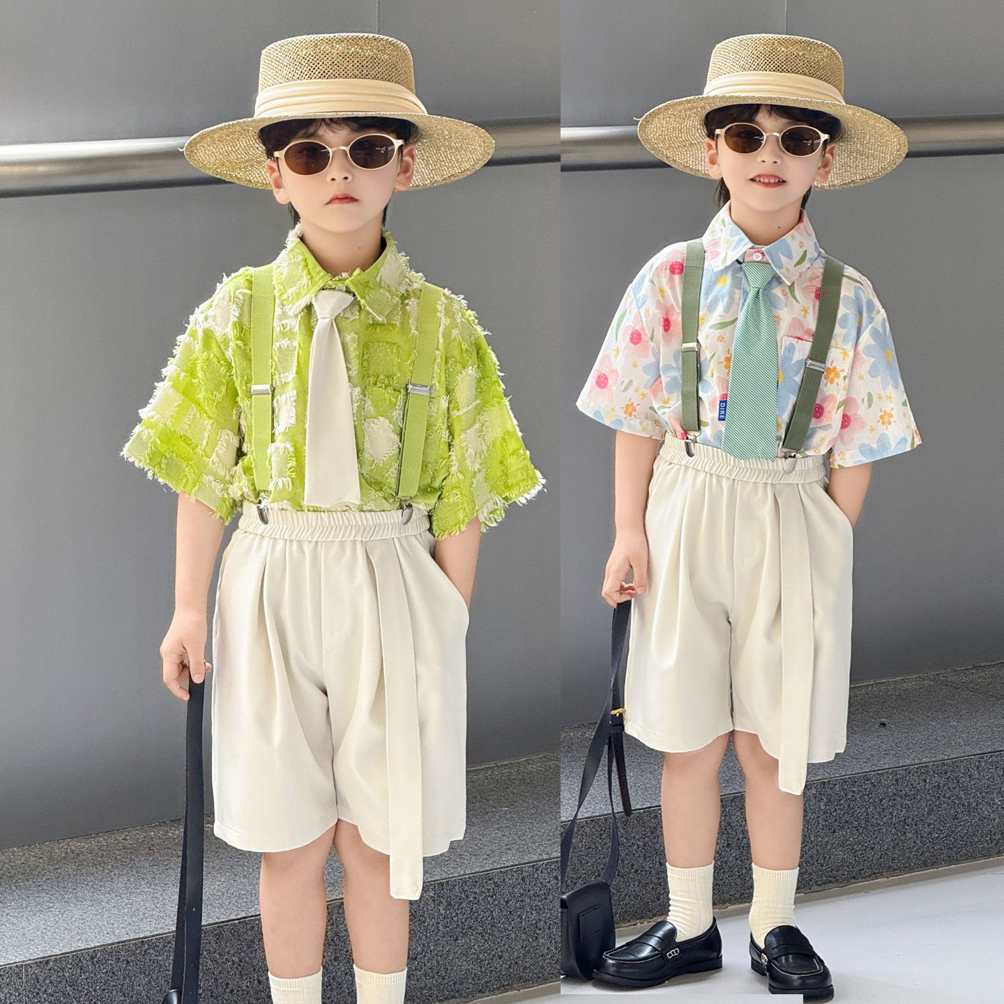 儿童礼服夏季男童花衬衫短袖套装花童小西装休闲帅气背带裤演出服