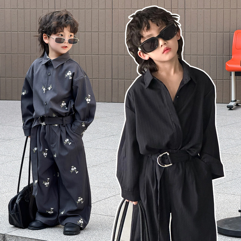 男童衬衫套装2025春季韩版潮痞帅气时髦儿童刺绣衬衣气质男孩衣服