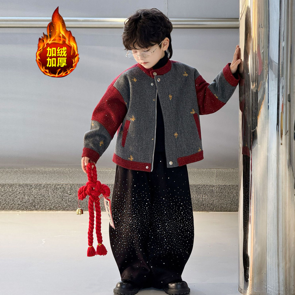 男童夹克外套新中式加绒加厚时髦上衣儿童冬季套装洋气喜庆拜年服