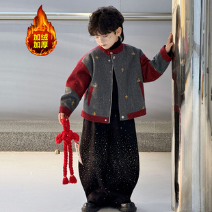 男童夹克外套新中式加绒加厚时髦上衣儿童冬季套装洋气喜庆拜年服
