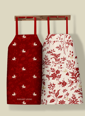 红色复古花卉印花马围裙厨房做饭防泼水家用围腰轻奢罩衣工作服