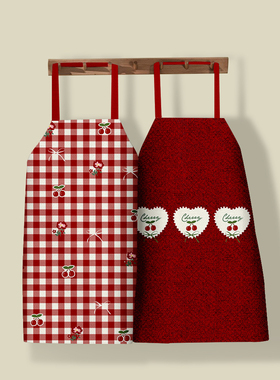 樱桃格子围裙厨房家用防水做饭围腰均码红色爱心图案2026年新款