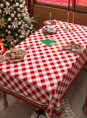 北欧ins风格子圣诞桌布喜庆红色餐桌台布防水棉麻电视柜茶几盖布