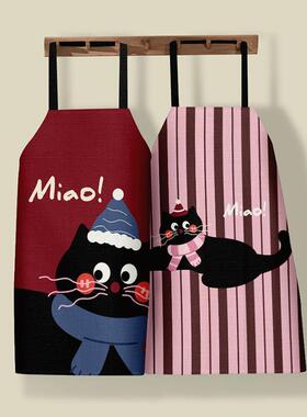 猫猫卡通围裙做饭专用罩衣餐饮工作服棉麻2024新款小清新均码绑带