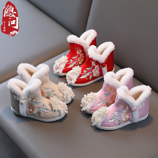 女童绣花鞋冬加绒棉鞋拜年鞋年服鞋儿童汉服鞋老北京公主古装童靴