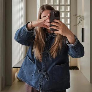 bow ladies denim long shirt pocket lightweight loose lapel