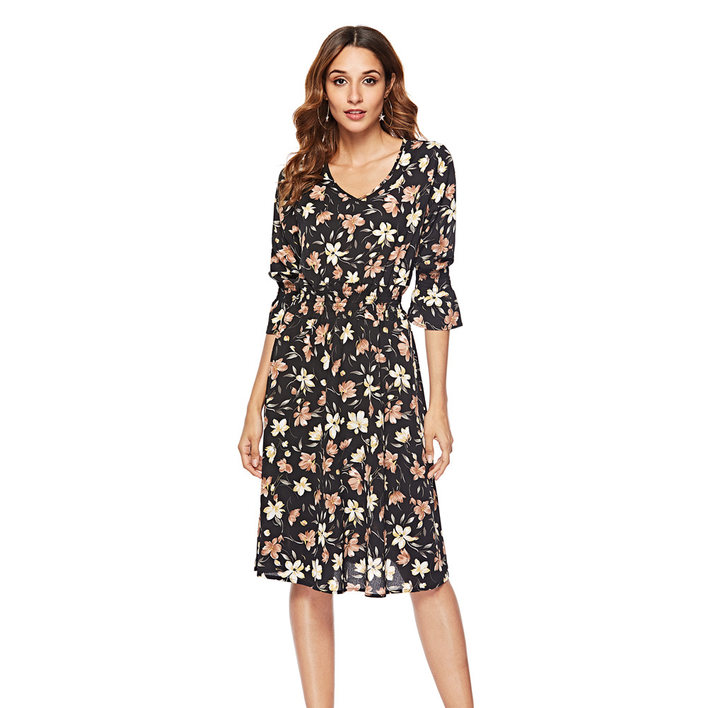 Pullover three-quarter sleeve chiffon printed waist dress