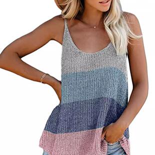 color vest knitted Women camisole round contrast neck