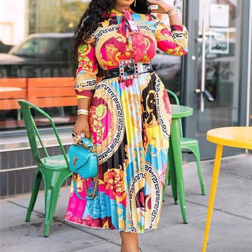 Plus size womens dress pleated three-quarter sleeve long