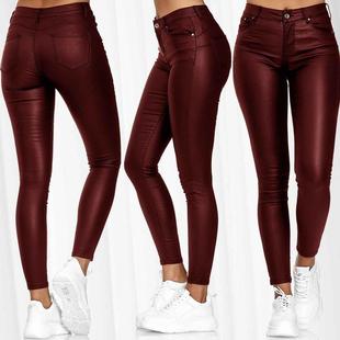 Waist Pants Fashion Casual Womens Leather Solid High Color