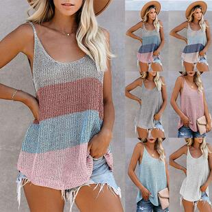 color vest knitted Women camisole round contrast neck