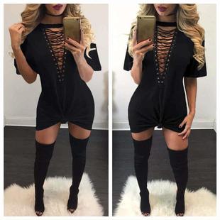 Short Skirt Sleeve Eyelet Deep Womens Dress Sexy