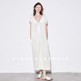 FINOCCI重磅耗料进口醋酸丝绒莹润慵懒少女尖货绑结高端连衣裙