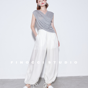 FINOCCI超柔桑蚕丝莱赛尔亲肤法式 松弛V领不规则褶皱高级背心上衣