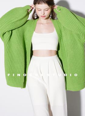 FINOCCI 松弛氛围感超显白元宝针大灯笼袖纸片人宽松腔调毛织开衫