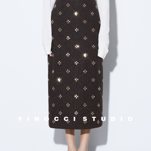 FINOCCI鎏金miu系复古人字纹重工亮片菱形刺绣不扎直筒毛呢半裙