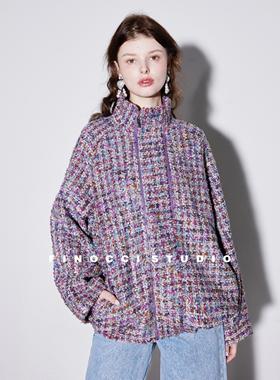 FINOCCI 解构不对称门襟时髦秋季繁复亮丝格子蝴蝶纱亮片复古外套