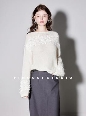 FINOCCI 2025秋季新款进口马海毛蝴蝶纱拼接白雪莹润银色亮片毛衣