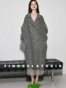 FINOCCI冬季 桑蚕丝羊毛兔毛高级感小众毛呢外套烟灰色宽松大衣