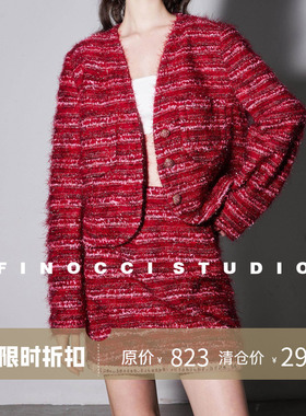 FINOCCI重磅定制显白莓果酒红闪耀亮丝编织小香千金聚会漂亮套装