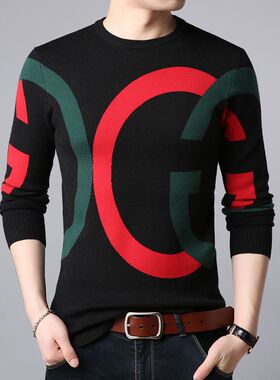 秋装男士羊毛衫修身套头字母几何提花打底衫时尚毛衣男针织衫线衣