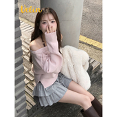 温柔甜美感粉色一字肩系带针织毛衣上衣短款 Velin 韩版 松弛感ins