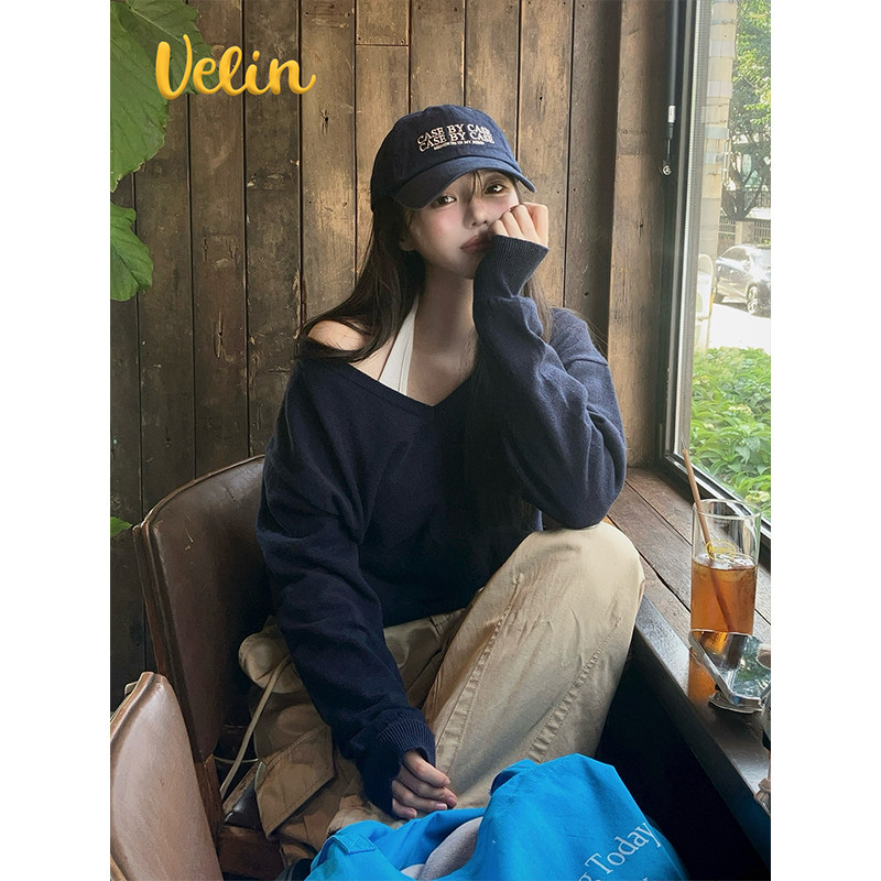 Velin 韩版慵懒感穿搭V领纯色毛衣上衣宽松显瘦日常通勤套头软糯