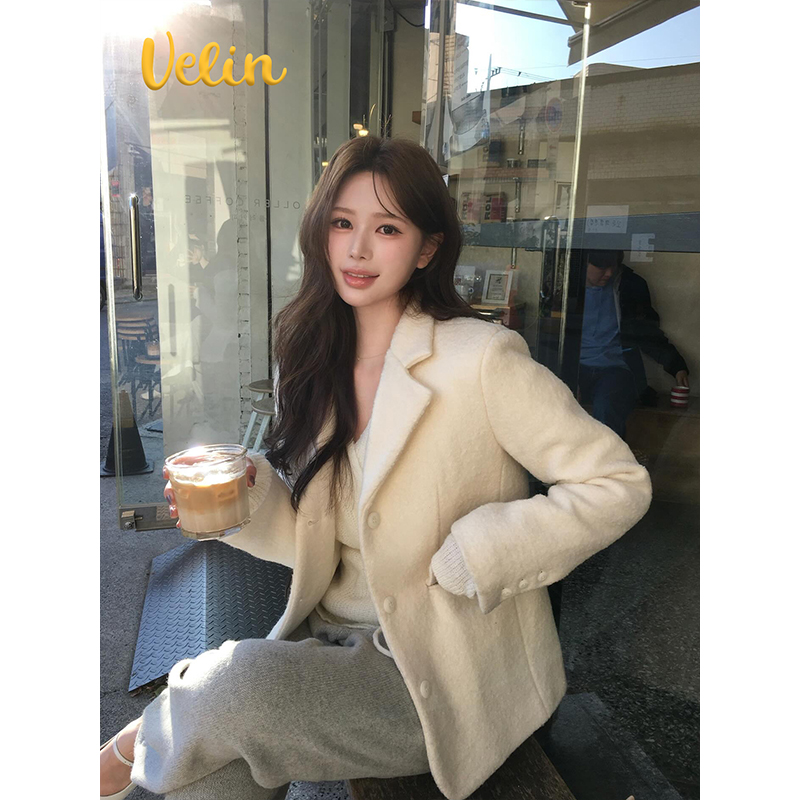 Velin 韩系日常通勤穿搭气质毛呢短款大衣外套正肩时尚休闲高级感