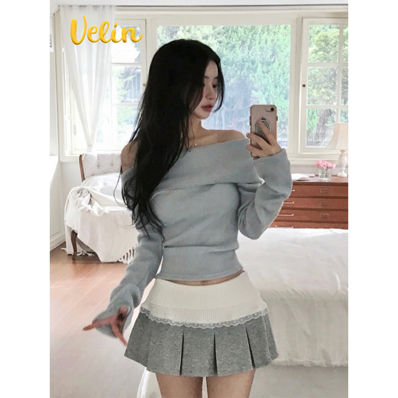 Velin 韩系灰一字肩修身卫衣拼接蕾丝百褶短裙套装甜美露肩高级感