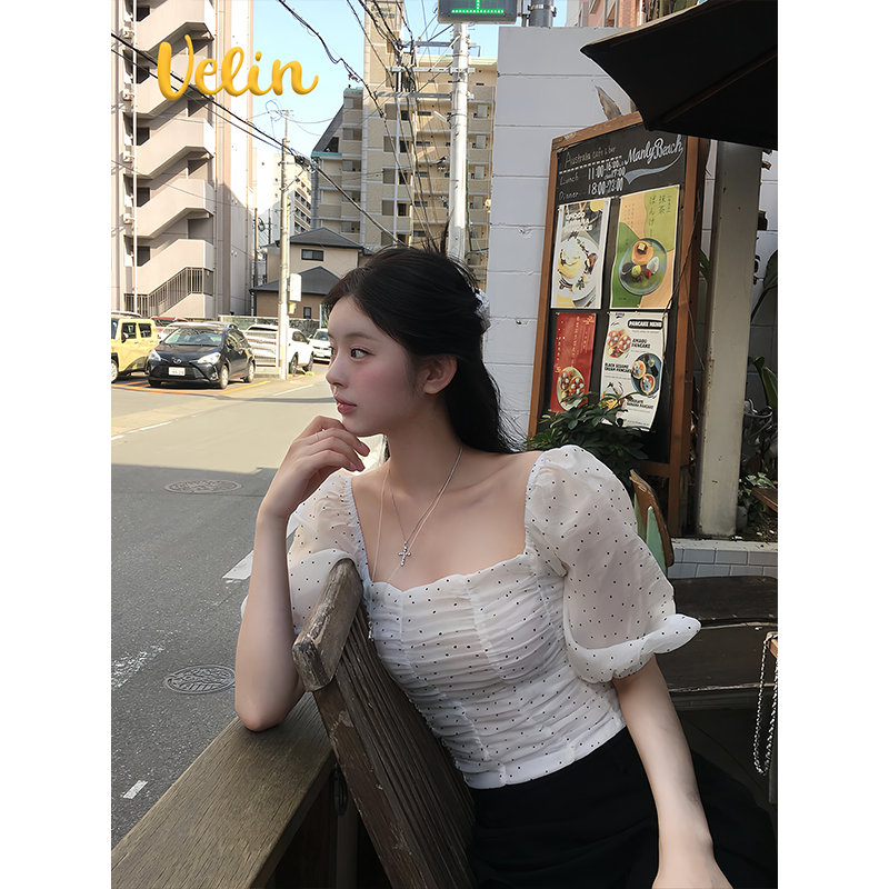 Velin 韩国博主同款短款上衣女设计感新款波点法式泡泡袖雪纺衫