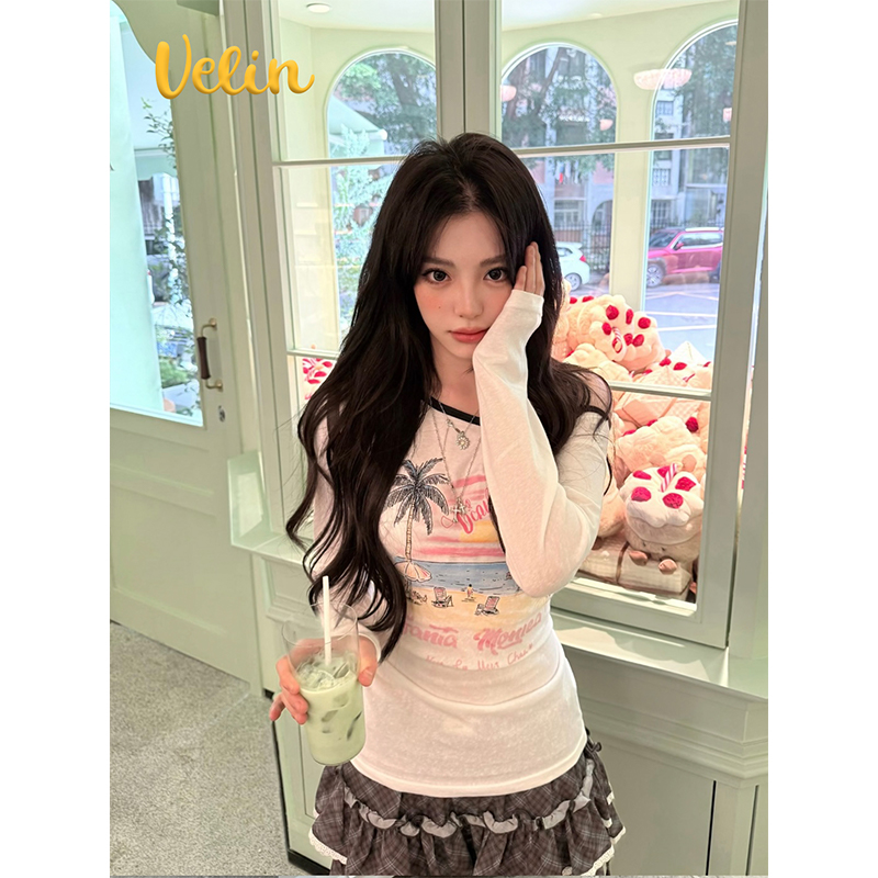 Velin 韩国博主同款斜领露肩长袖罩衫创意印花上衣甜美修身百搭