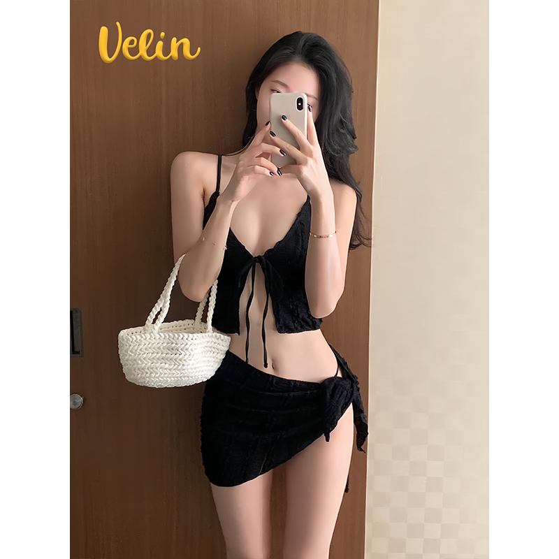 Velin 韩系度假风性感聚拢泳衣三件套分体式比基尼辣妹小胸绑带