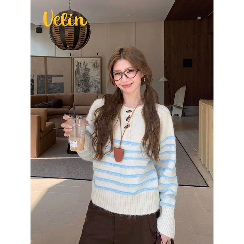 Velin 韩国博主同款撞色条纹针织毛衣别致纽扣软糯慵懒风宽松休闲