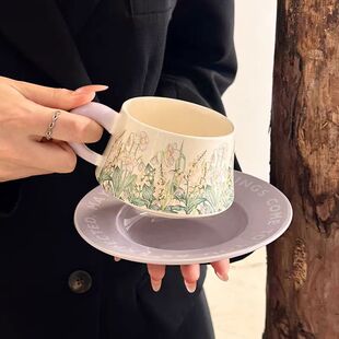复古陶瓷杯碟紫薇花油画般咖啡杯碟套装 午茶拿铁马克杯伴手礼盒