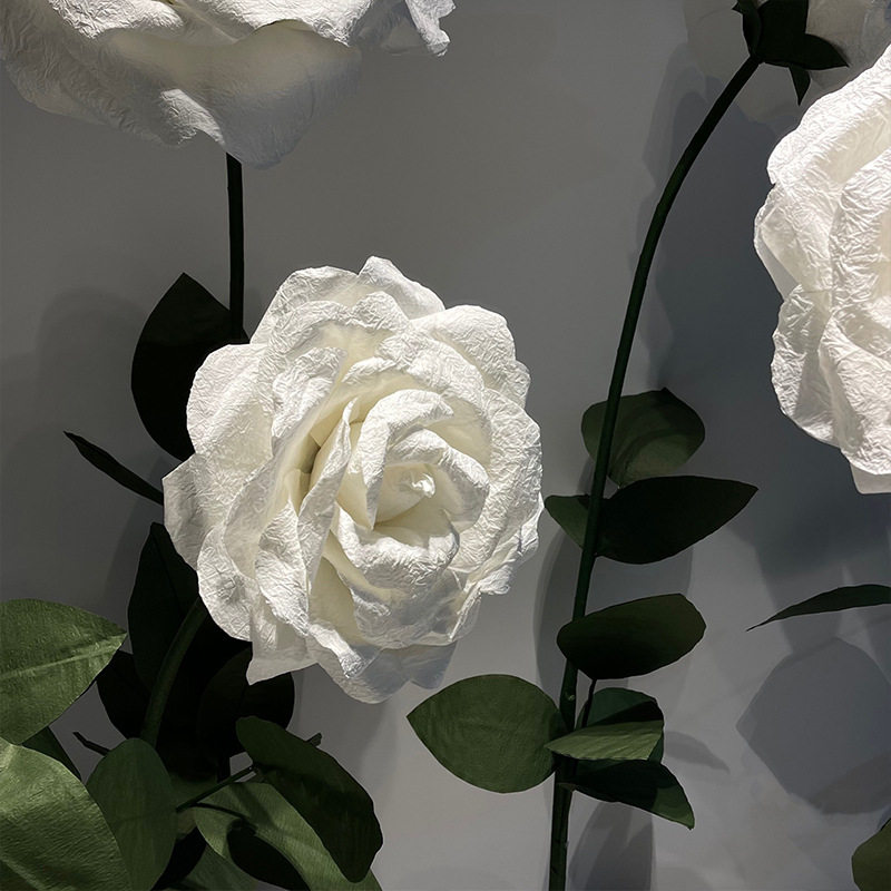 手揉纸白色玫瑰花 手工工艺双层立体成品美陈仿真花 婚庆路引纸花
