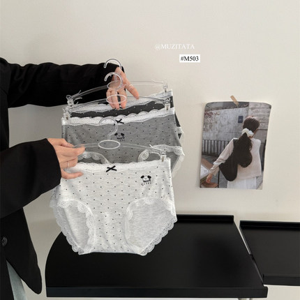 MUZITATA小狗星球蝴蝶结内裤女中腰舒适透气7A抗菌无痕蕾丝三角裤