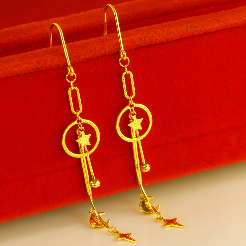 正品黄金耳环女款长耳坠流行时尚999足金au750纯金子结婚真金首饰